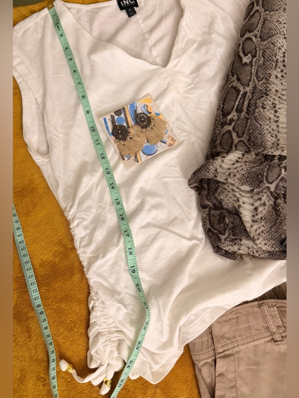 H&M scarf, White Top, matching earrings, and Sonoma pants with Drawstring Hem